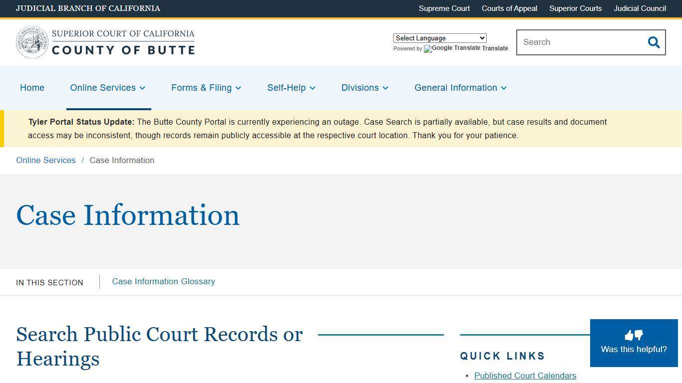 Case Information Superior Court of California County of Butte